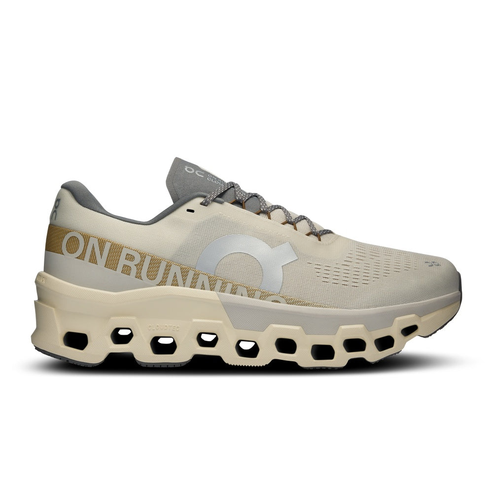 On Cloudmonster 2 running shoe in cream colorway with distinctive cloud sole technology