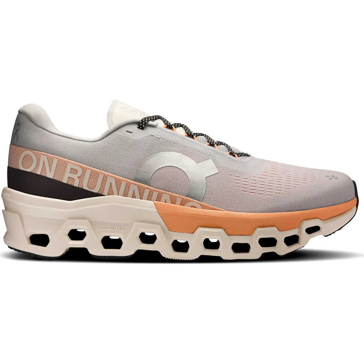 On Cloudmonster 2 running shoe in glacier gray with tangerine orange details