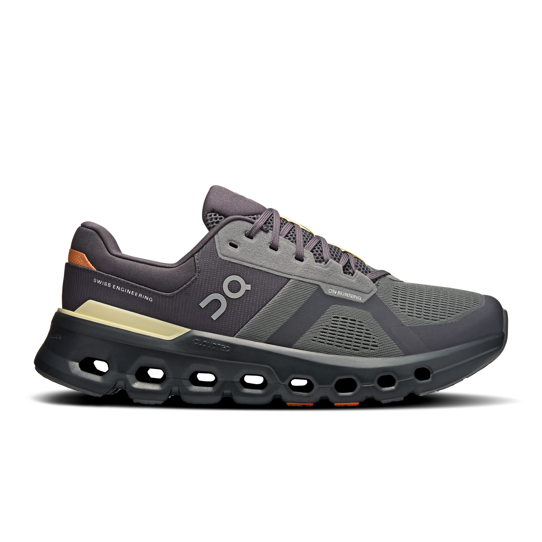 On Cloudrunner 2 running shoe in rock gray with tangerine orange heel detail