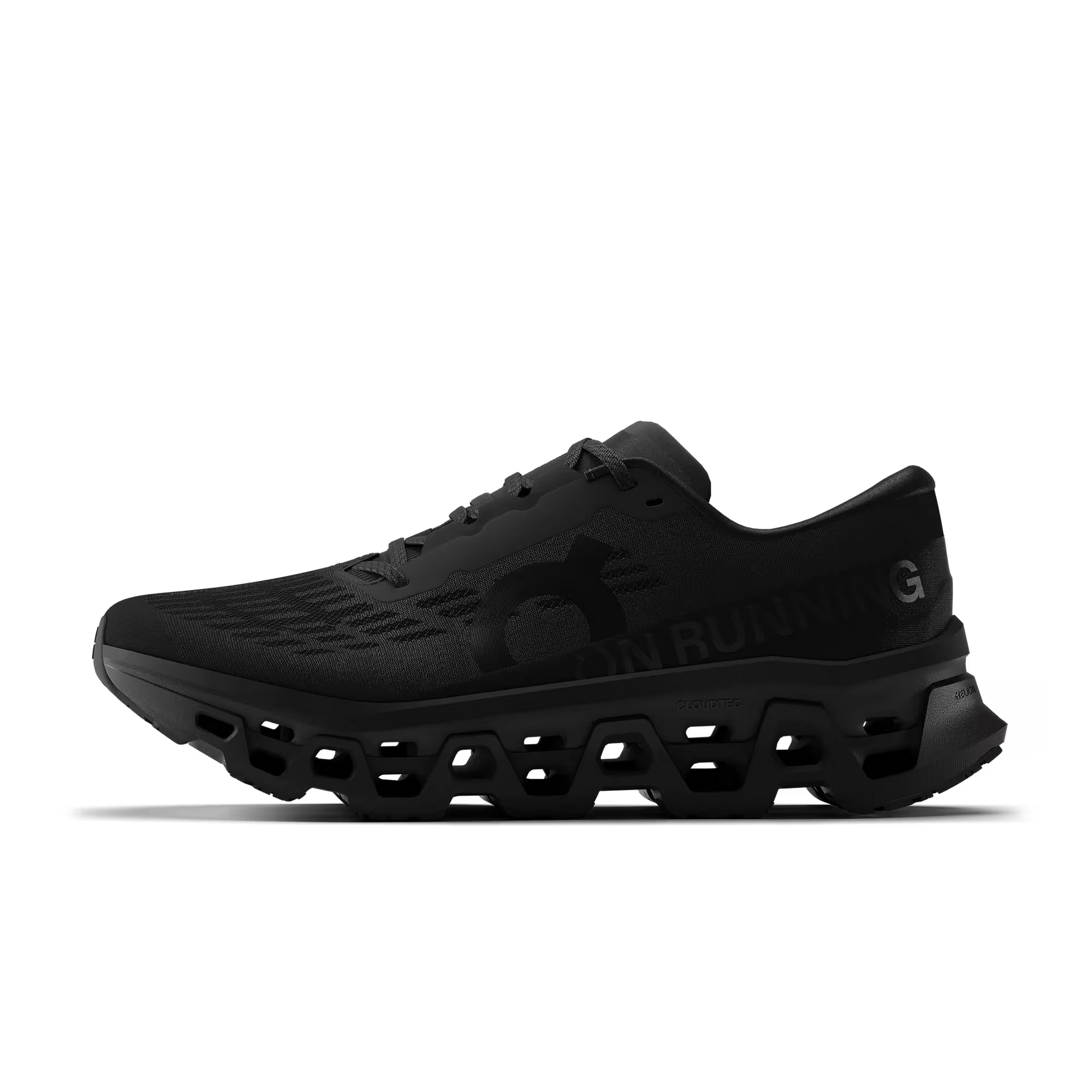 On Cloudmonster 3 men's running shoe in all black with distinctive cloud sole