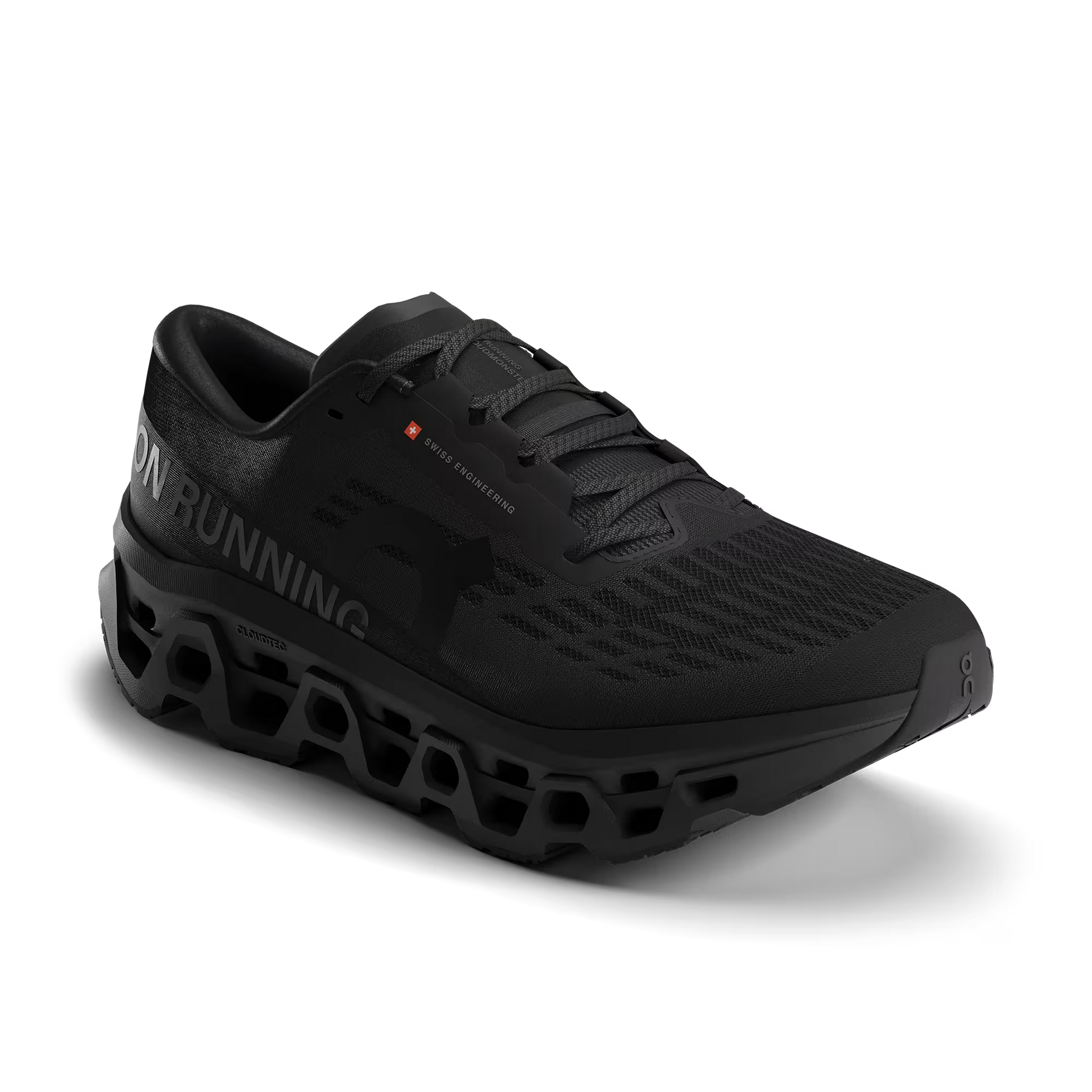 On Cloudmonster 3 black running shoes with distinctive CloudTec sole technology