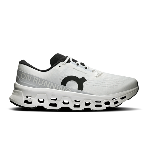On Cloudmonster 3 running shoes in white with black details and CloudTec sole