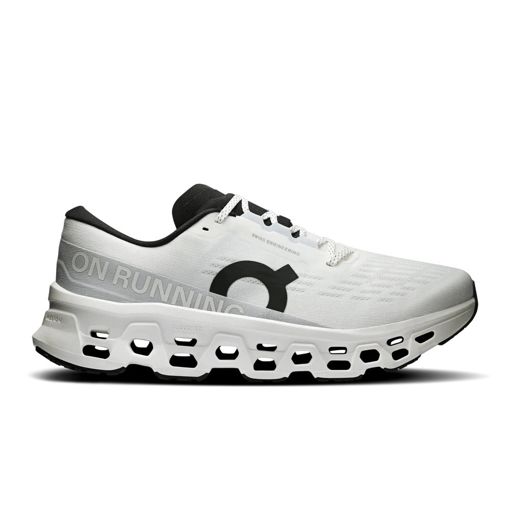 On Cloudmonster 3 running shoe in white with distinctive cloud sole technology