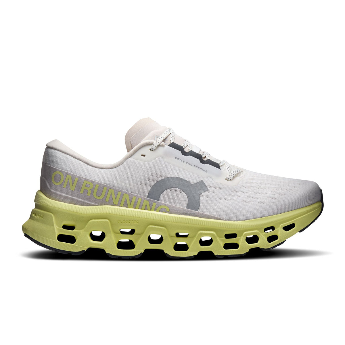 On Cloudmonster 3 running shoe in ivory and limelight, lateral side view