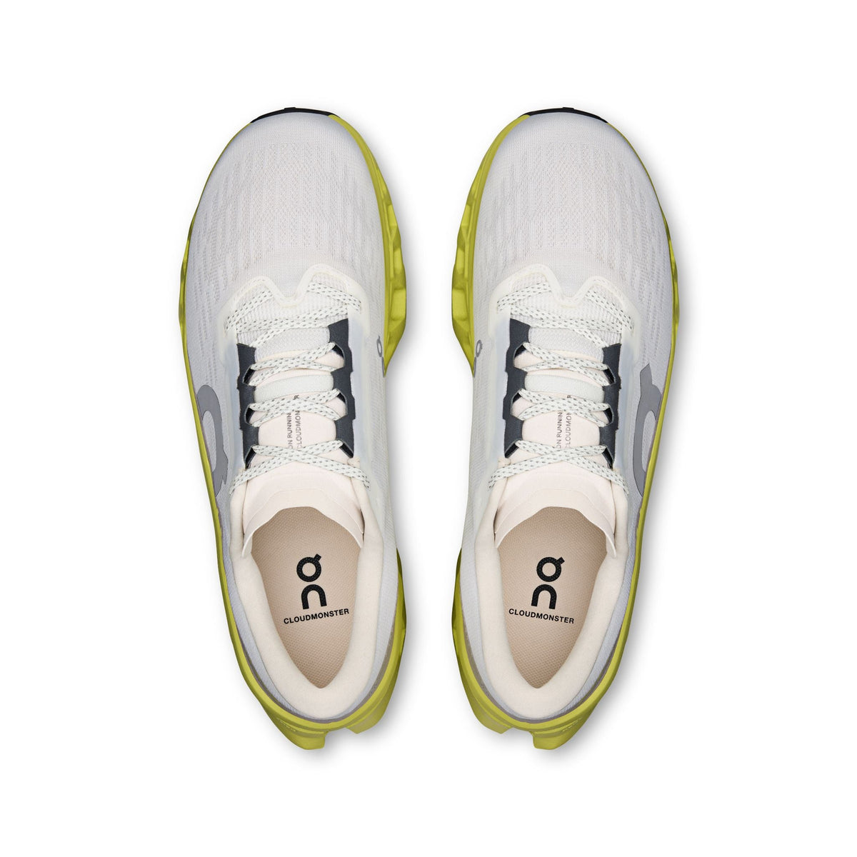 On Cloudmonster 3 running shoes pair shown from top view with ivory upper and limelight sole