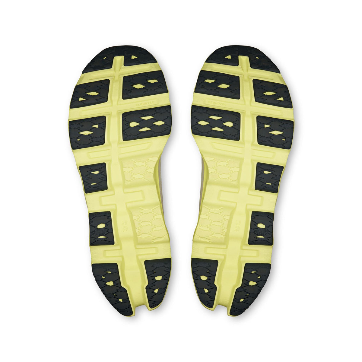 On Cloudmonster 3 outsole view showing limelight CloudTec sole pattern with dark rubber pods