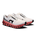 On Cloudmonster 3 running shoes pair in three-quarter view, ivory and dustrose colorway