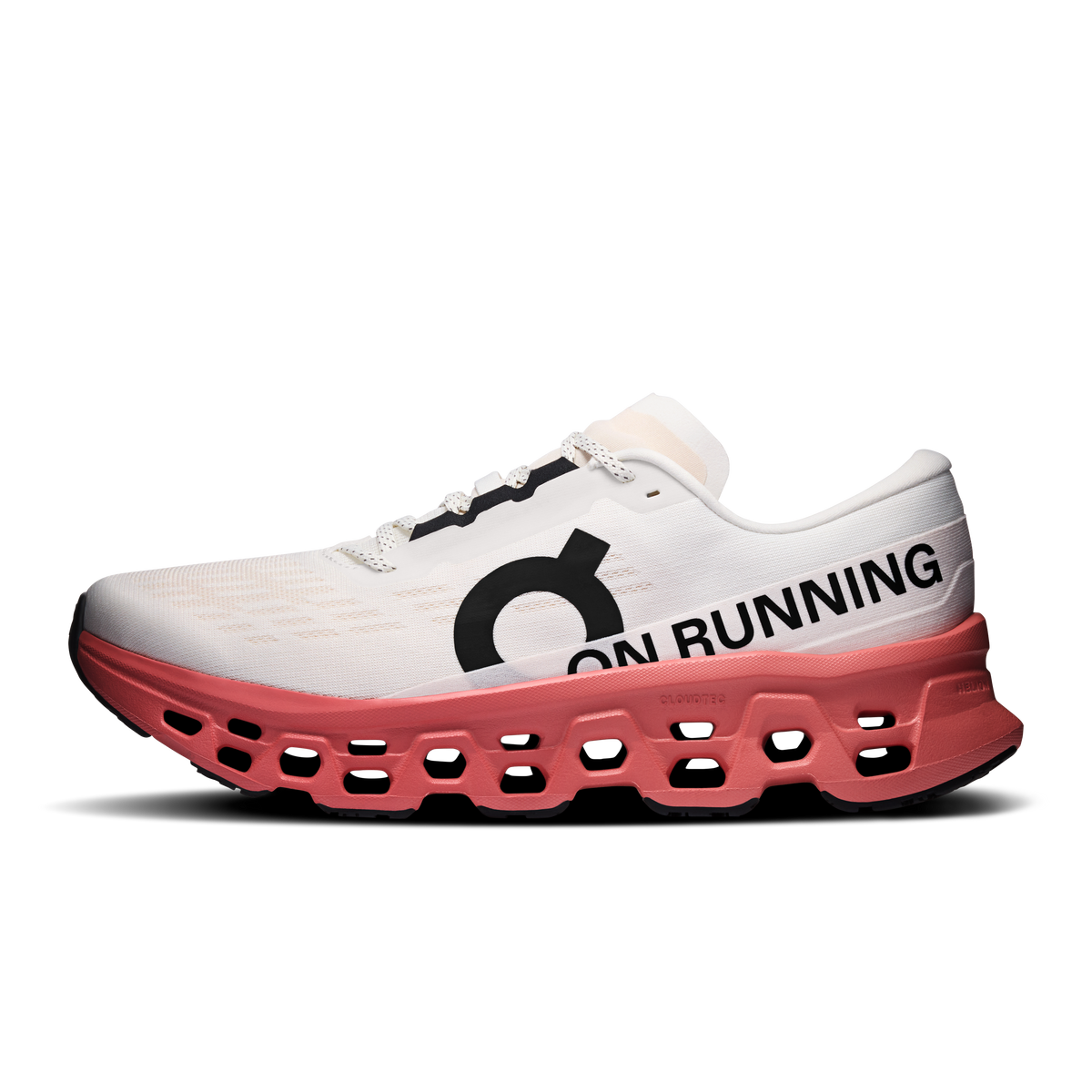 On Cloudmonster 3 running shoe lateral view with ON RUNNING branding in ivory and dustrose