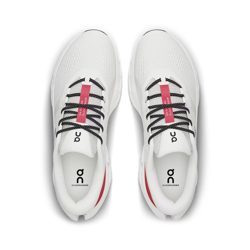 On Cloudrunner 3 running shoes in ivory white with pink accents, top view