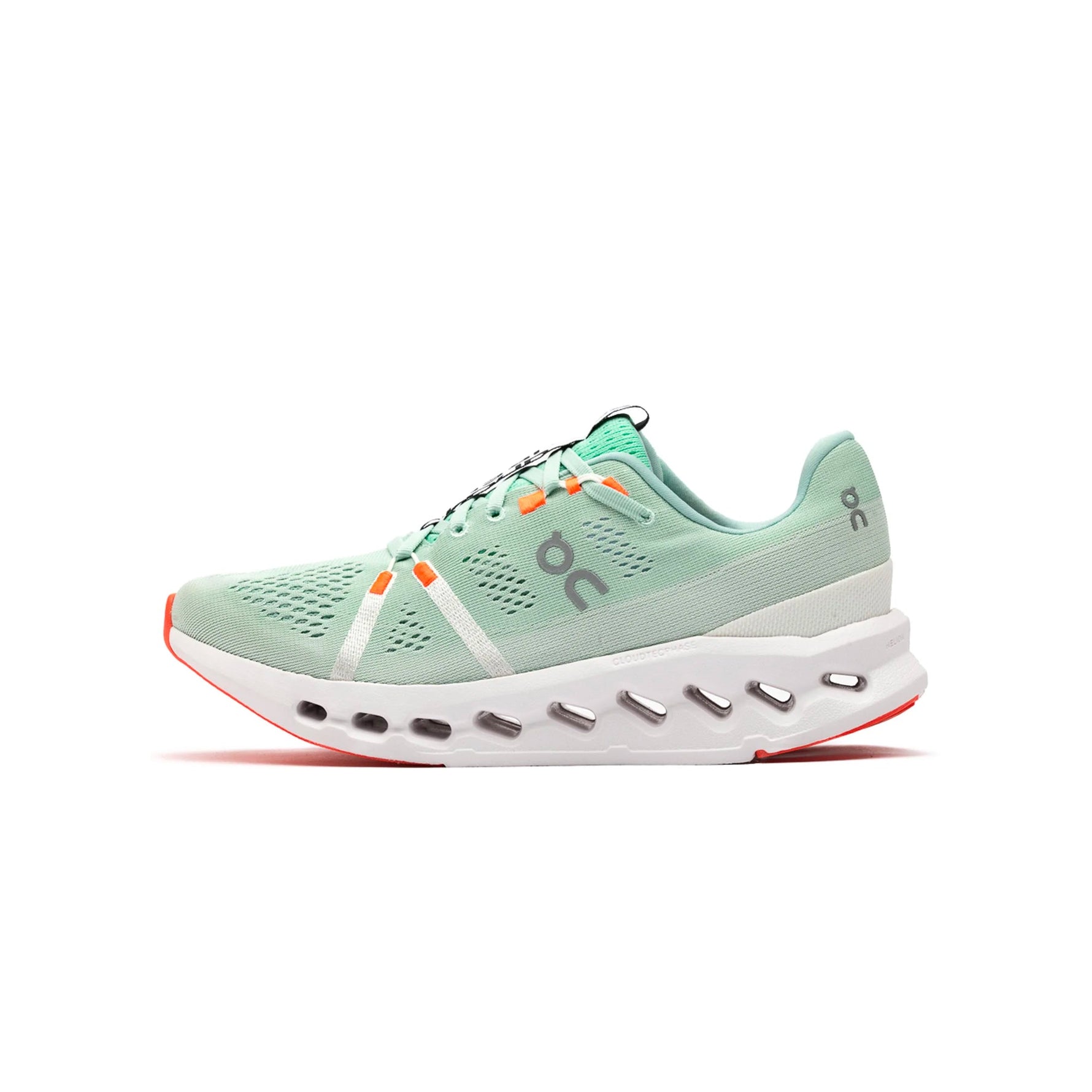 On Cloudsurfer women's running shoe in Creek/White colorway with distinctive cloud sole
