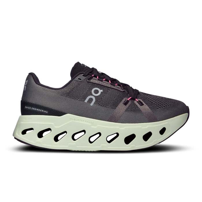 On Cloudeclipse women's running shoe in rock grey with lime green CloudTec sole