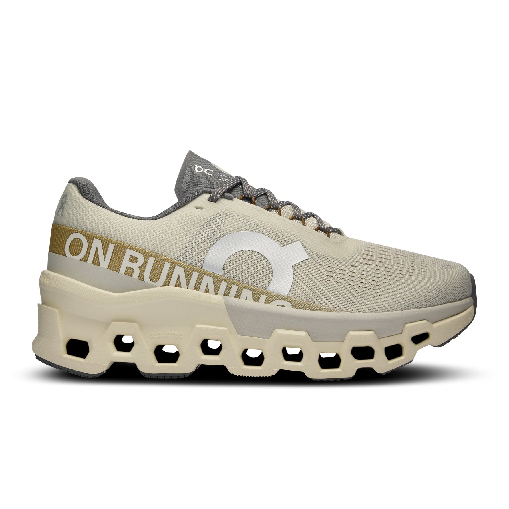 On Cloudmonster 2 running shoe in cream color with distinctive cloud sole technology