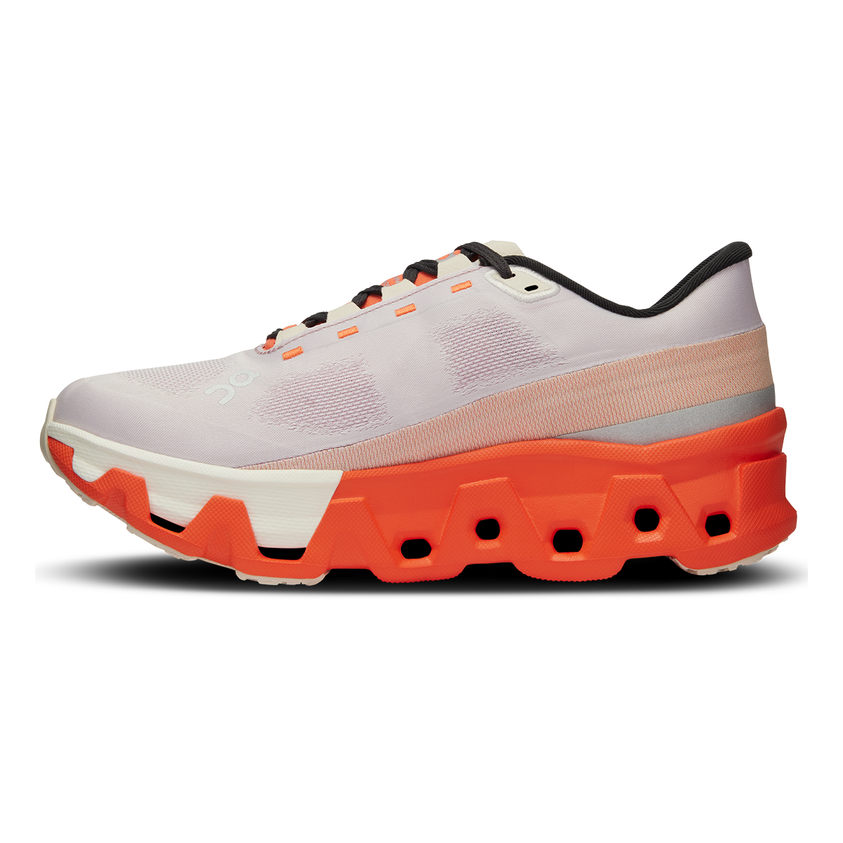 On Cloudmonster Hyper women's running shoe in mauve and flame orange colorway