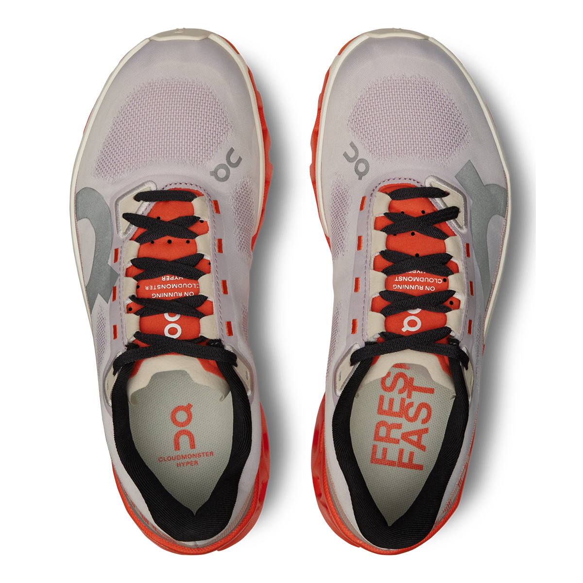 On Cloudmonster Hyper running shoes in mauve and flame orange colorway