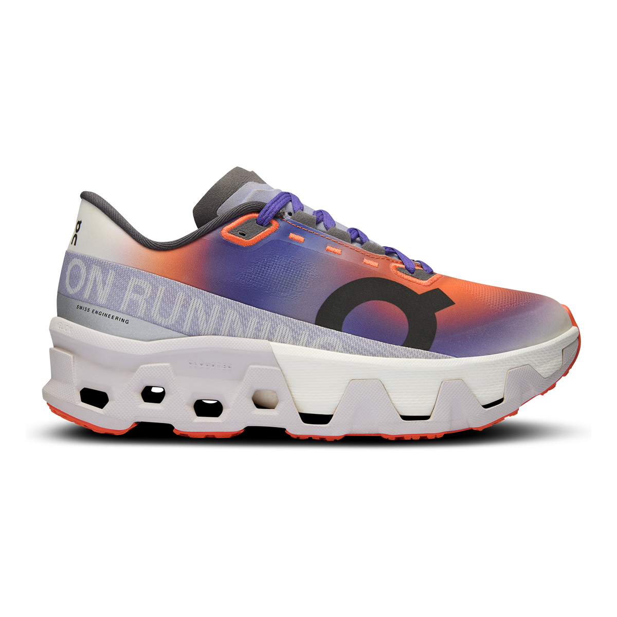 On Cloudmonster Hyper running shoe in purple-orange gradient colorway with distinctive white sole