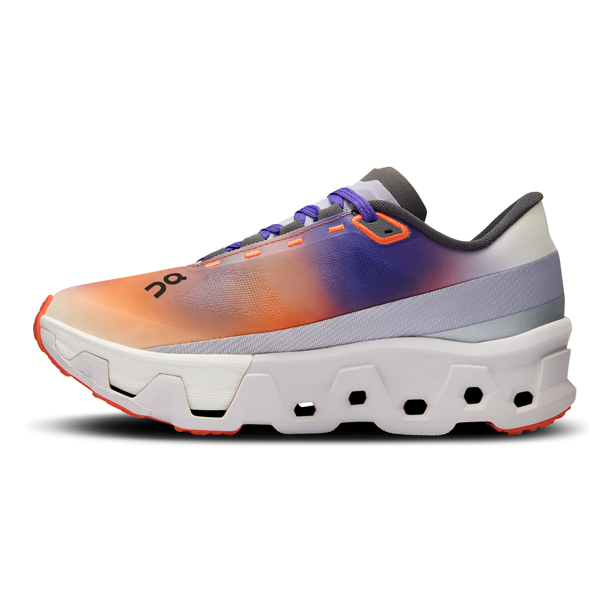 On Cloudmonster Hyper running shoe with purple-orange gradient upper and white CloudTec sole