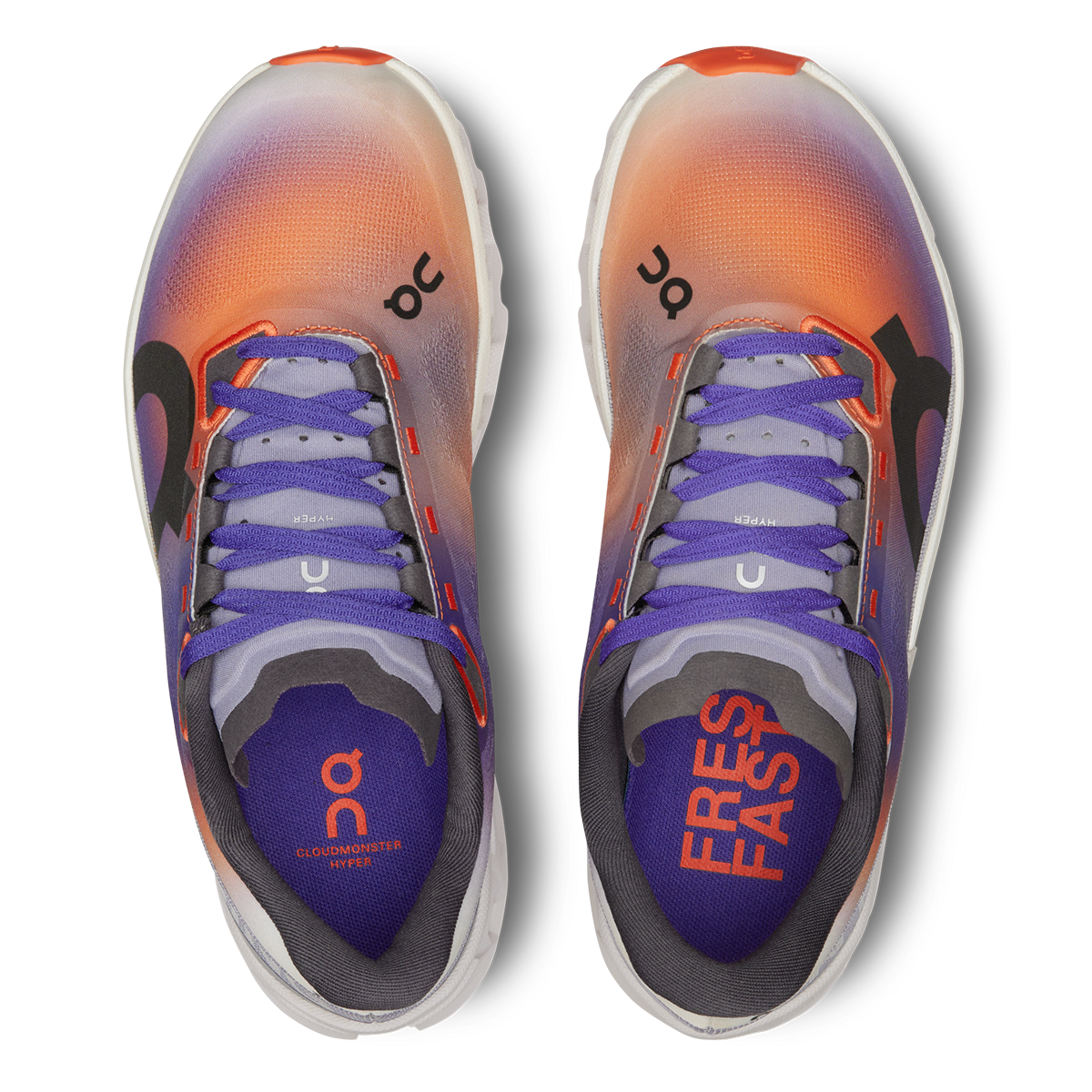 On Cloudmonster Hyper women's running shoes in mauve and flame gradient colorway