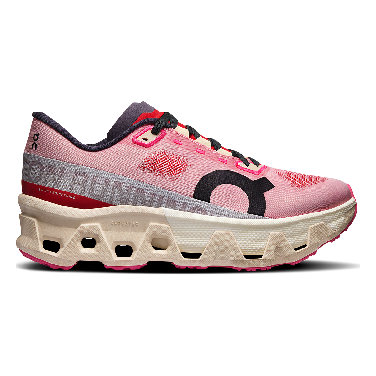 On Cloudmonster Hyper women's running shoe in pink and cream colorway