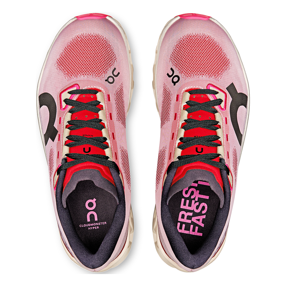 On Cloudmonster Hyper women's running shoes in pink and cream colorway