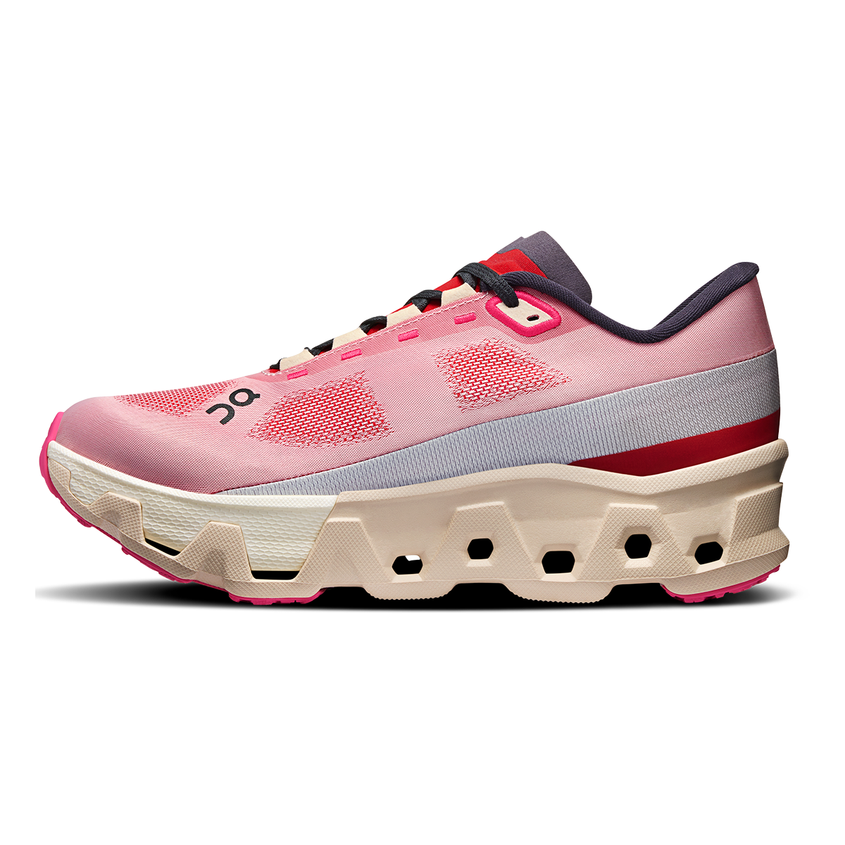 On Cloudmonster Hyper women's running shoe in pink and cream colorway with distinctive cloud sole