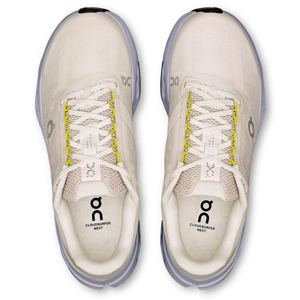 On Cloudsurfer Next women's running shoes in ivory with yellow laces, top view