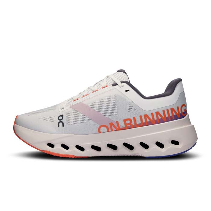 On Cloudsurfer women's running shoe in light gray and coral flame colorway