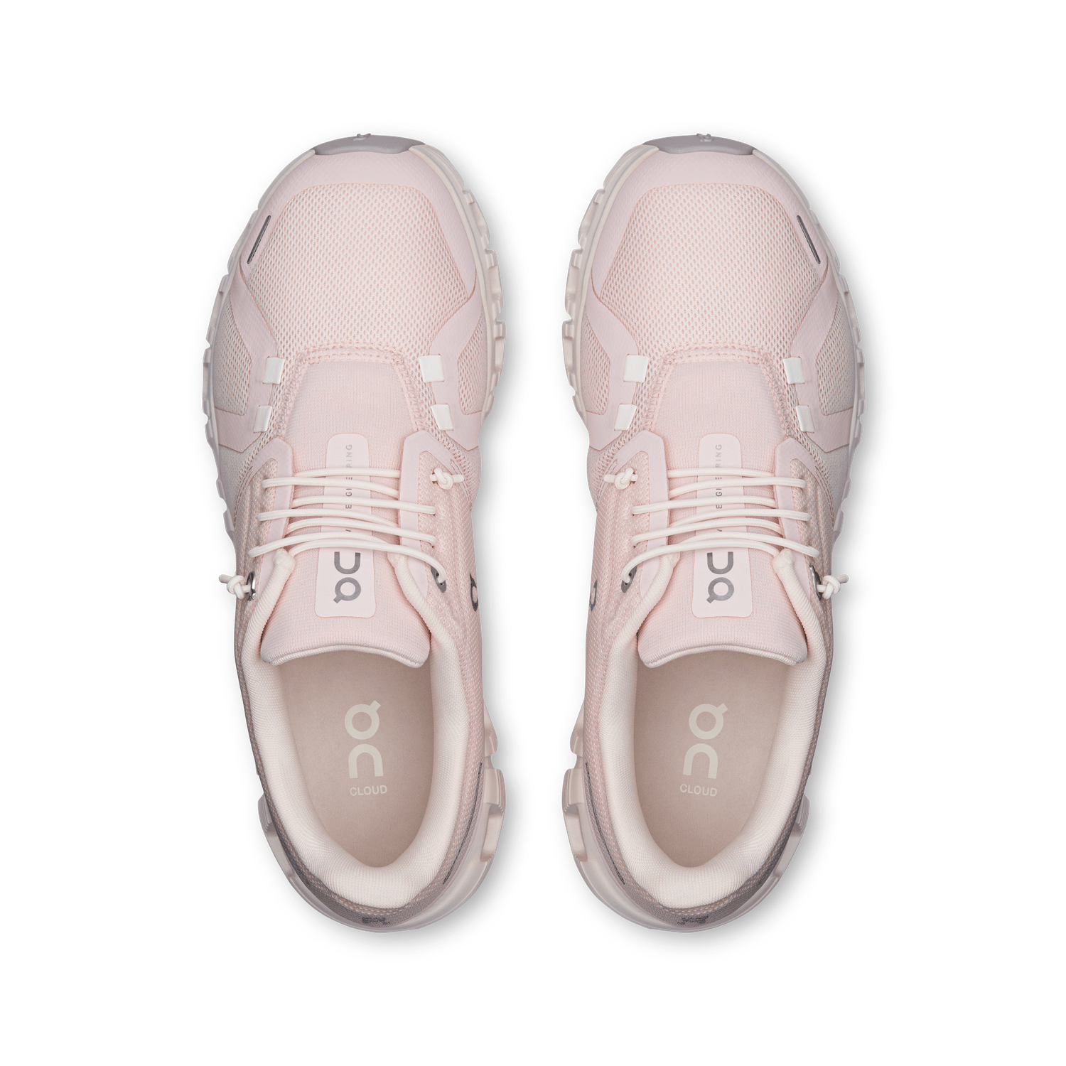 On Cloud 6 running shoes in light pink colorway, top-down view