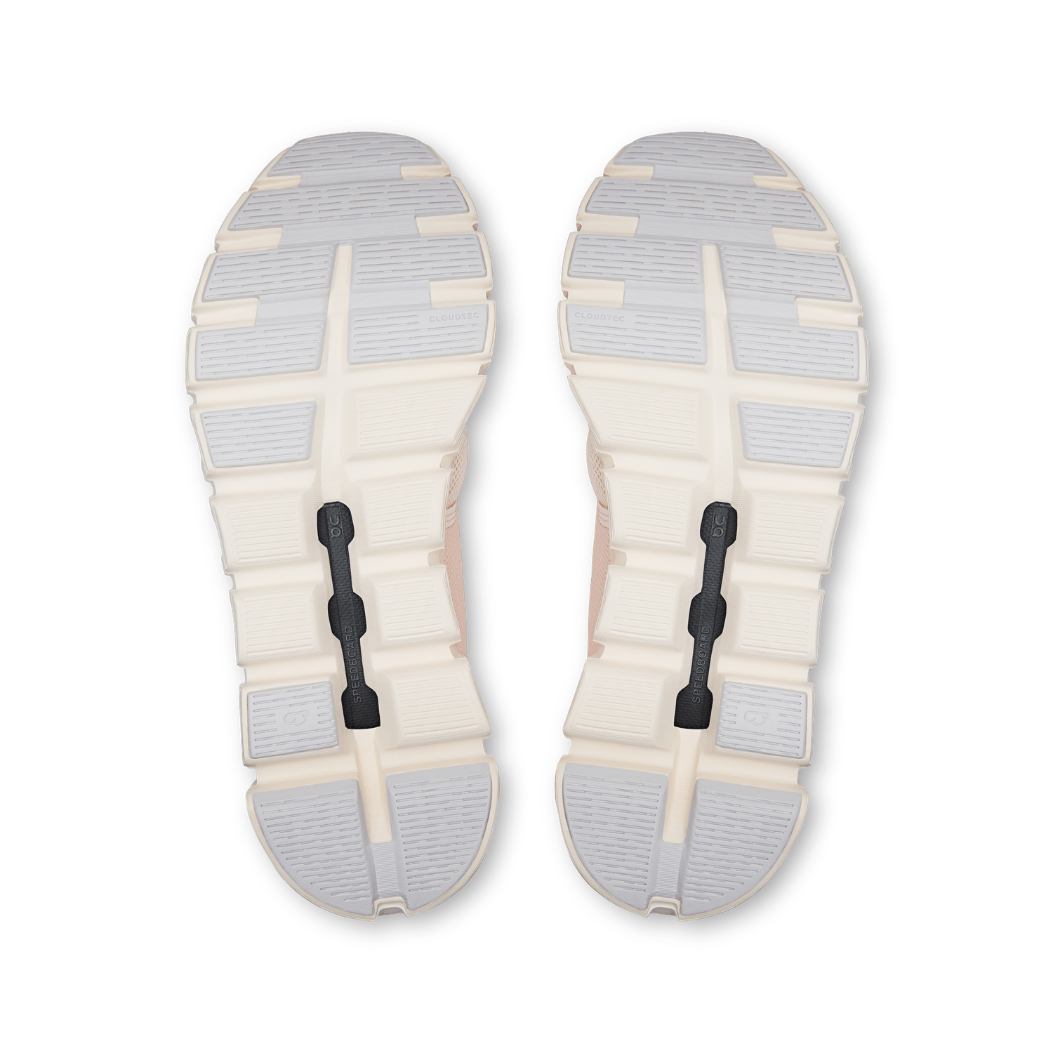 On Cloud 6 running shoe soles in Salt Gardenia colorway showing textured grip pattern