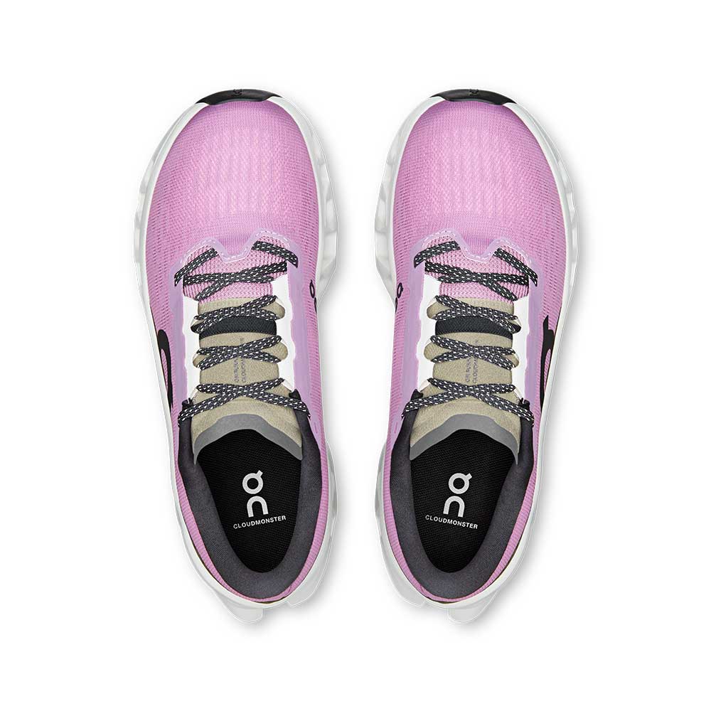 On Cloudmonster 3 women's running shoes in Sakura pink and ivory colorway top view