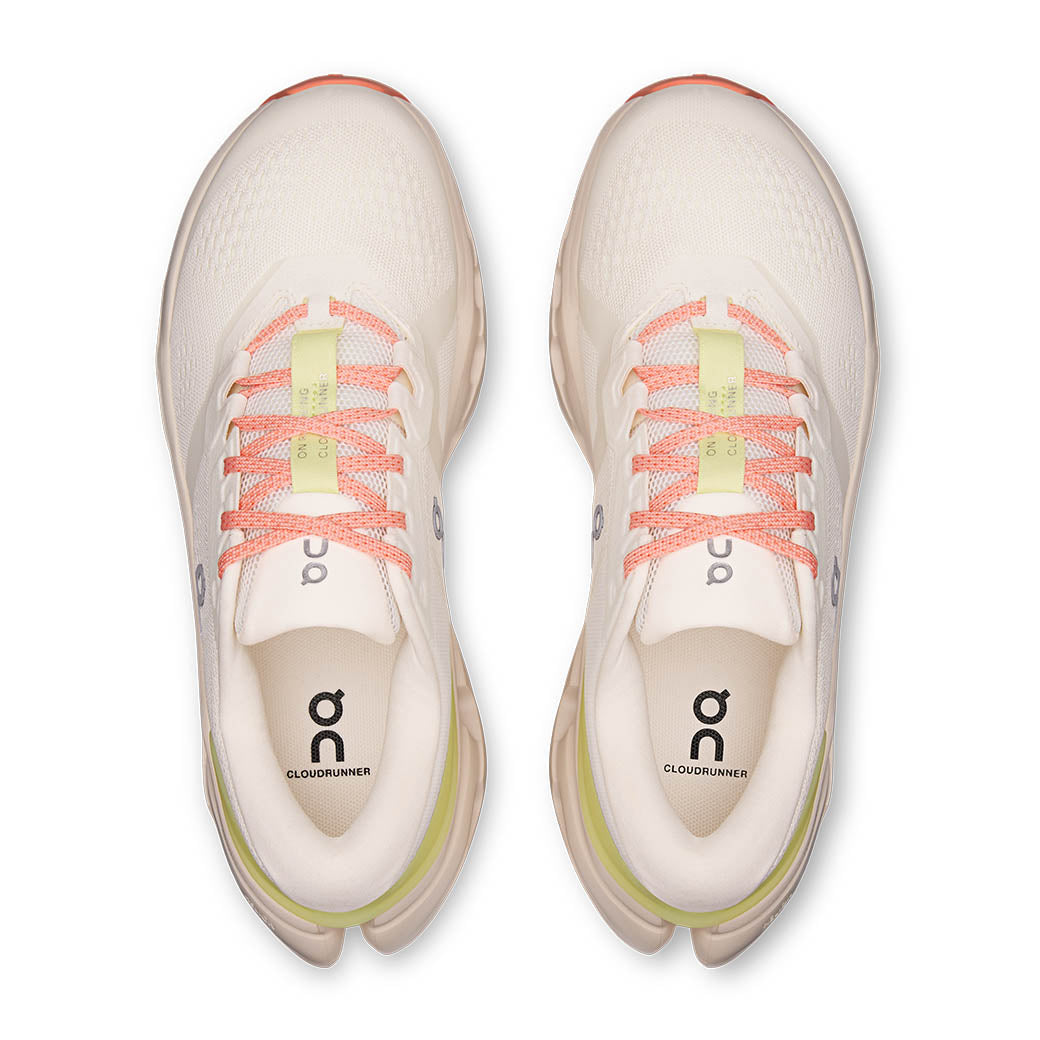 On Cloudrunner 3 running shoes in ivory with coral laces and accents