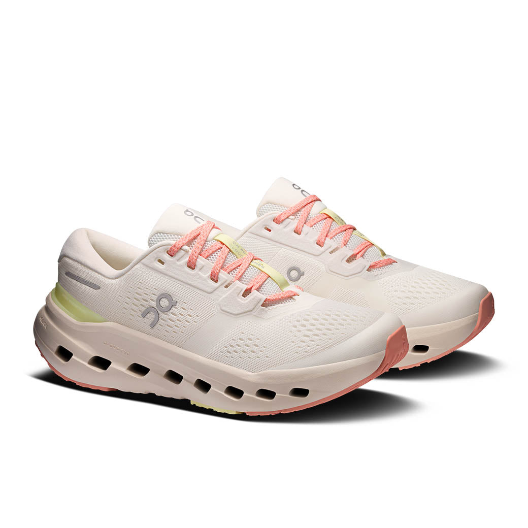 On Cloudrunner 3 running shoes in ivory with coral pink laces and lime accents
