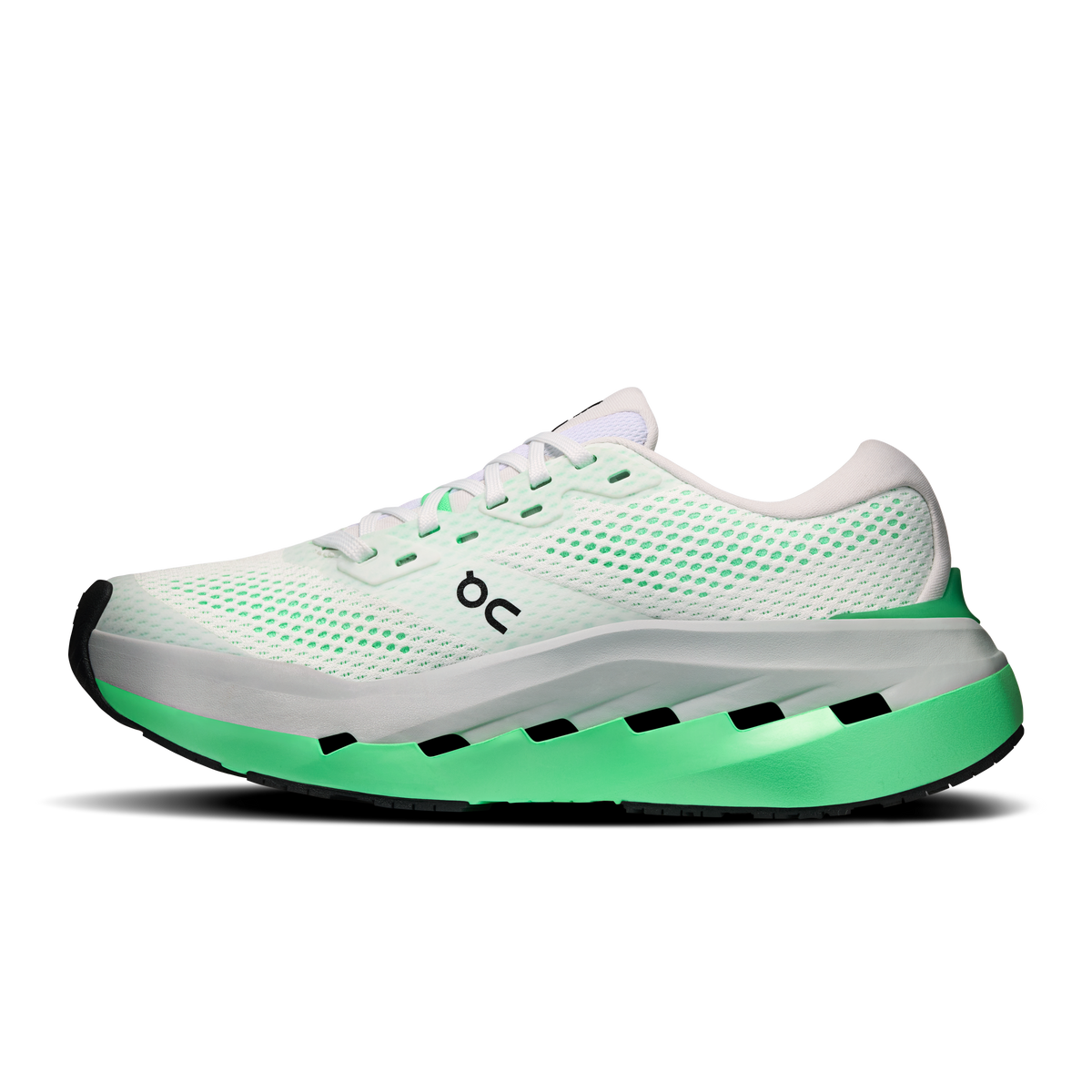 On Cloudrunner 3 Max running shoe medial view in white and verdite green colorway