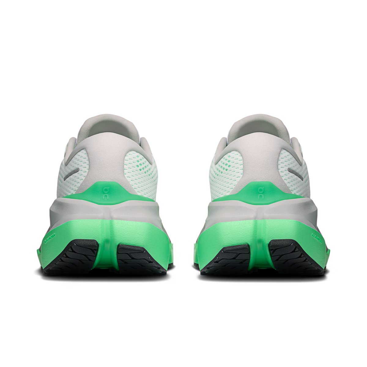 On Cloudrunner 3 Max rear heel view of pair showing white upper and verdite green midsole