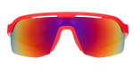 Goodr Dante's Shin Splint Inferno sunglasses with red frame and rainbow mirrored lenses