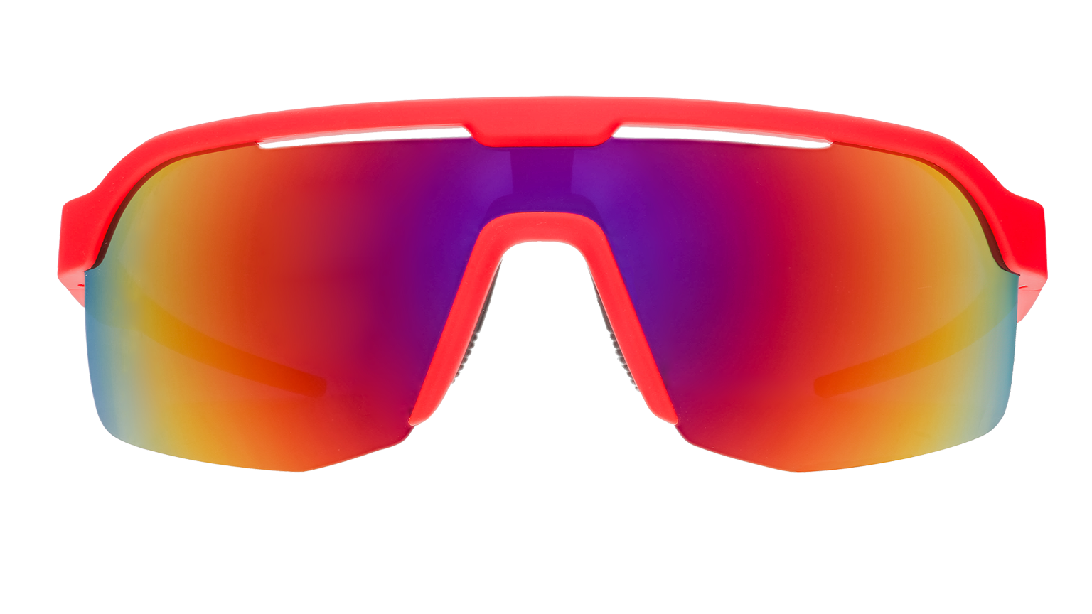 Goodr Dante's Shin Splint Inferno sunglasses with red frame and rainbow mirrored lenses