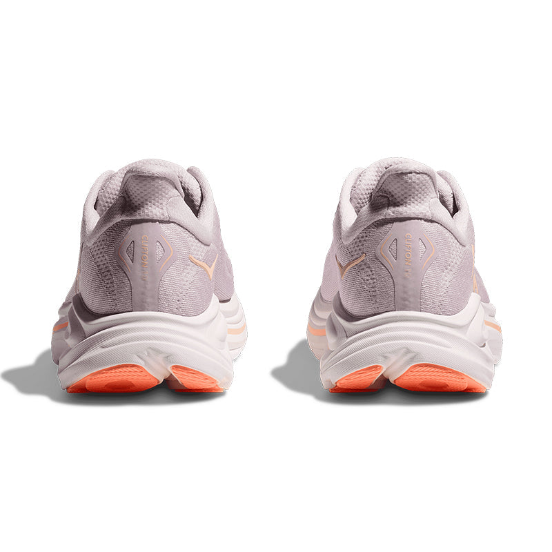 Hoka Clifton 10 women's running shoes in lilac cream with tangerine accents, rear view