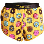 ChicknLegs men's running shorts in yellow with colorful donut print pattern