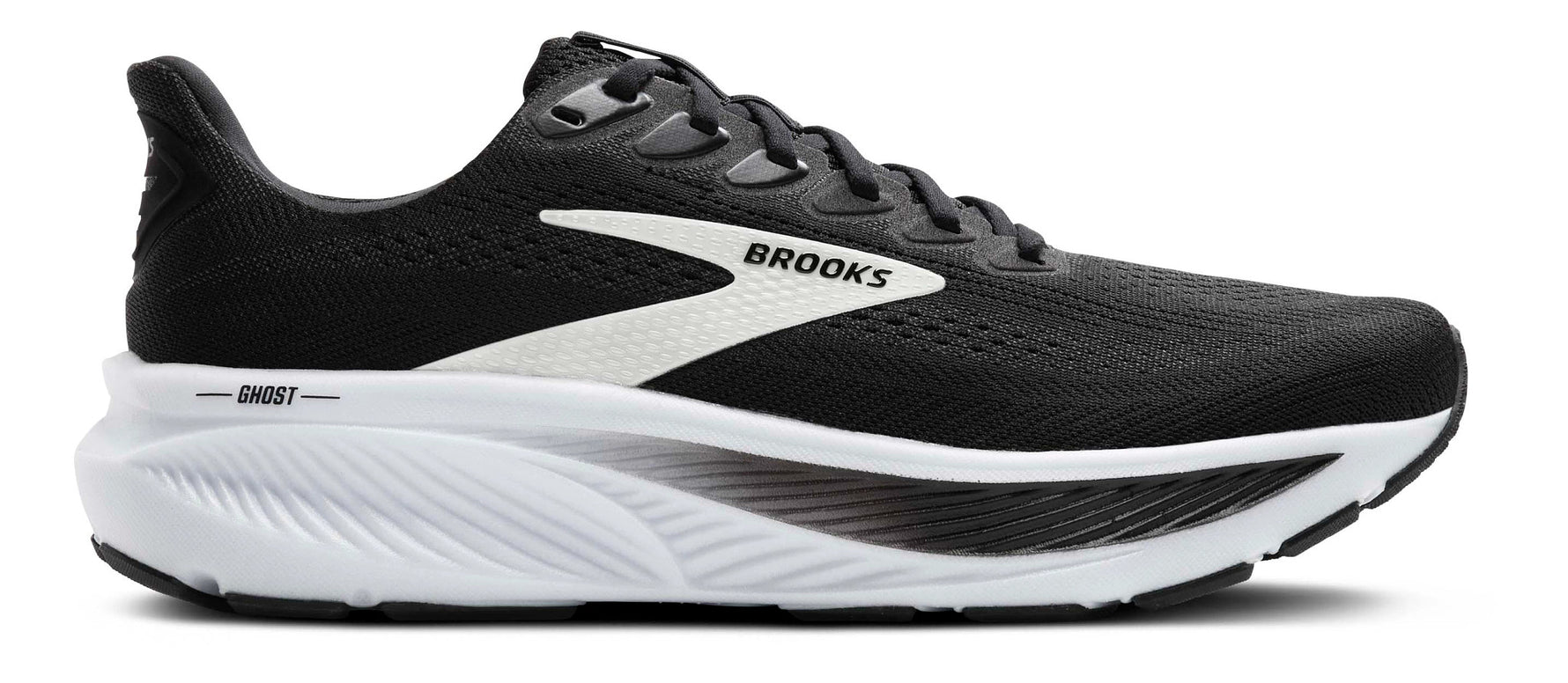 Brooks Ghost 17 men's running shoe in black, grey, and white colorway, lateral view