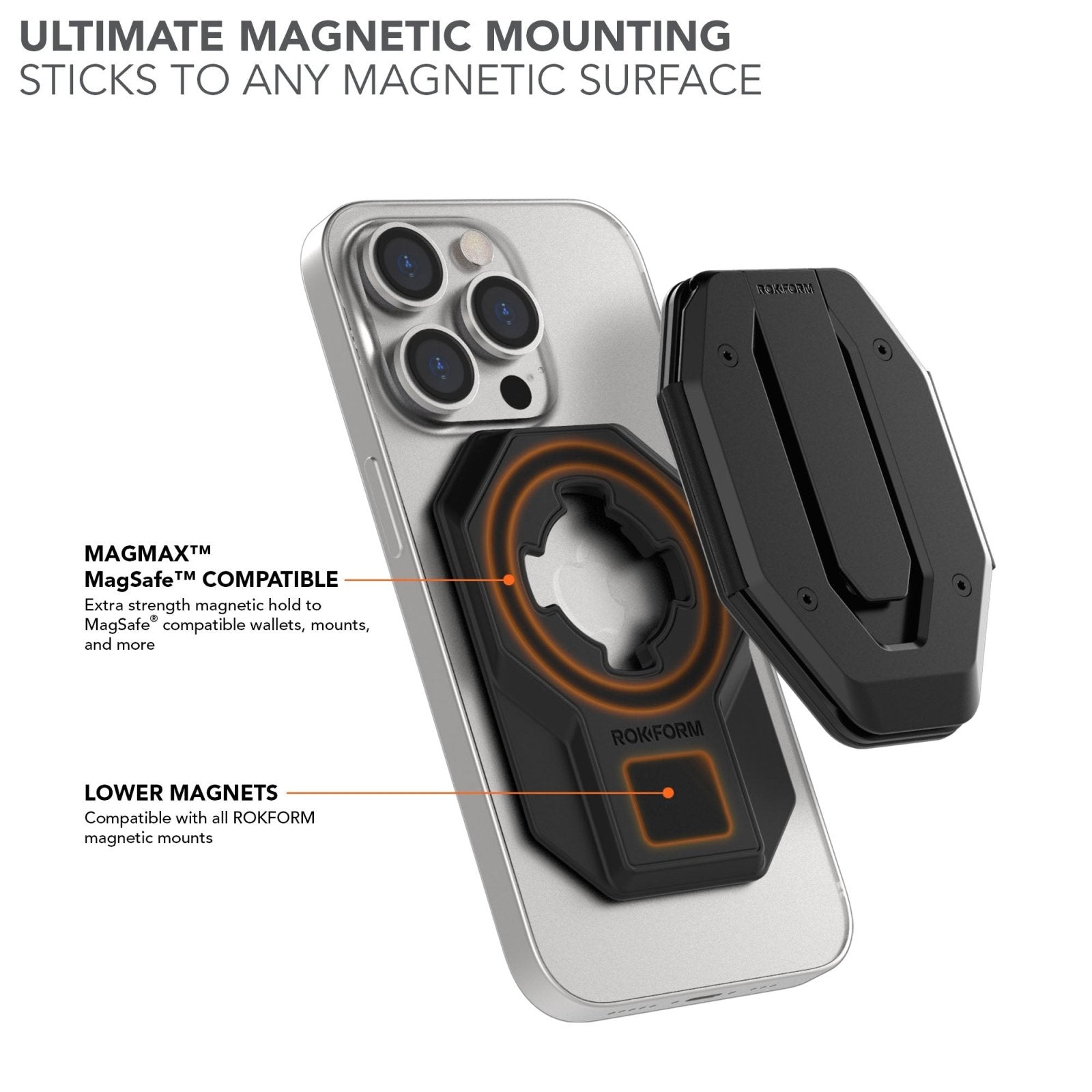 Rokform Universal Adapter with MagSafe compatibility shown attached to iPhone case