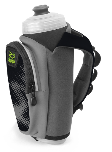 Amphipod handheld hydration system with gray strap and clear water bottle