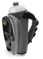 Amphipod handheld water bottle with gray strap and clear bottle on white background