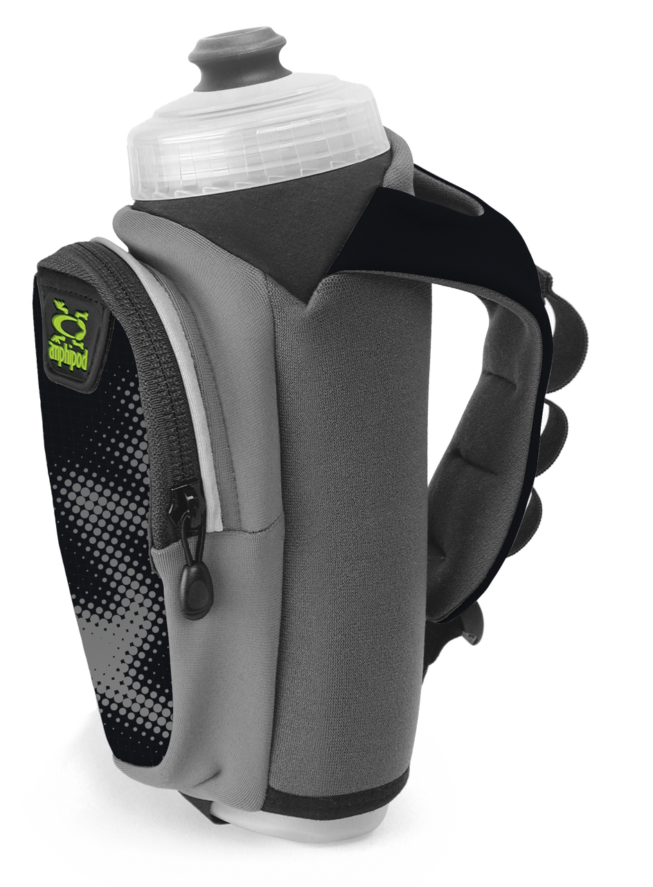 Amphipod Hydraform handheld water bottle holder in slate gray with clear bottle