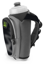 Amphipod Hydraform handheld water bottle holder in slate gray with clear bottle