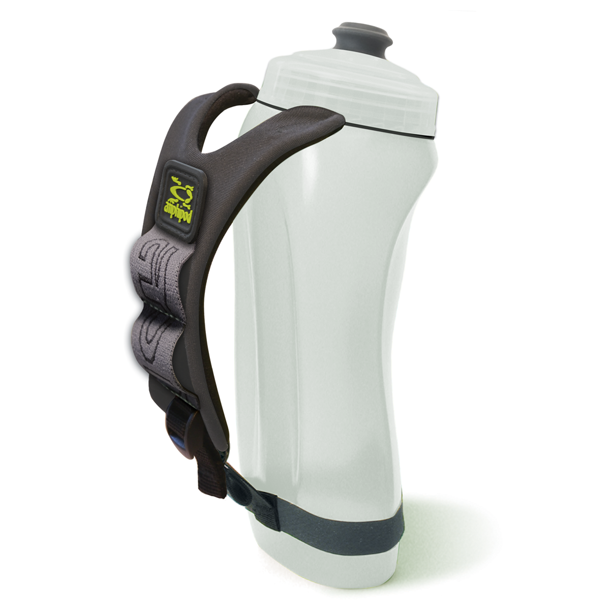 Amphipod Hydraform Ergo Minimalist handheld water bottle with charcoal grip and clear bottle