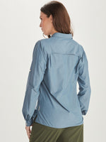 Women's ExOfficio Lightscape Long-Sleeve Shirt in lilac grey, back view showing collar and fit