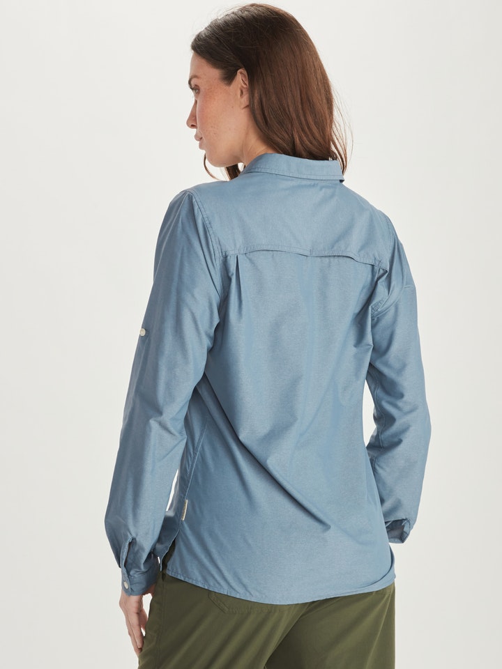 Women's ExOfficio Lightscape Long-Sleeve Shirt in lilac grey, back view showing collar and fit