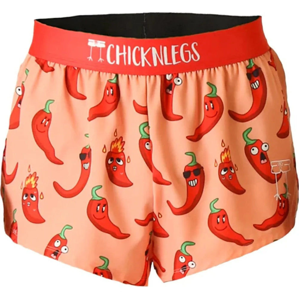 Chicknlegs men's coral running shorts with animated red chili pepper print pattern