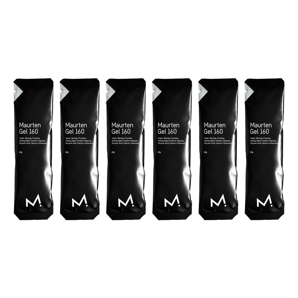 Six black Maurten Gel 160 energy gel packets arranged in a row