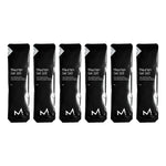 Six black Maurten Gel 160 energy gel packets arranged in a row