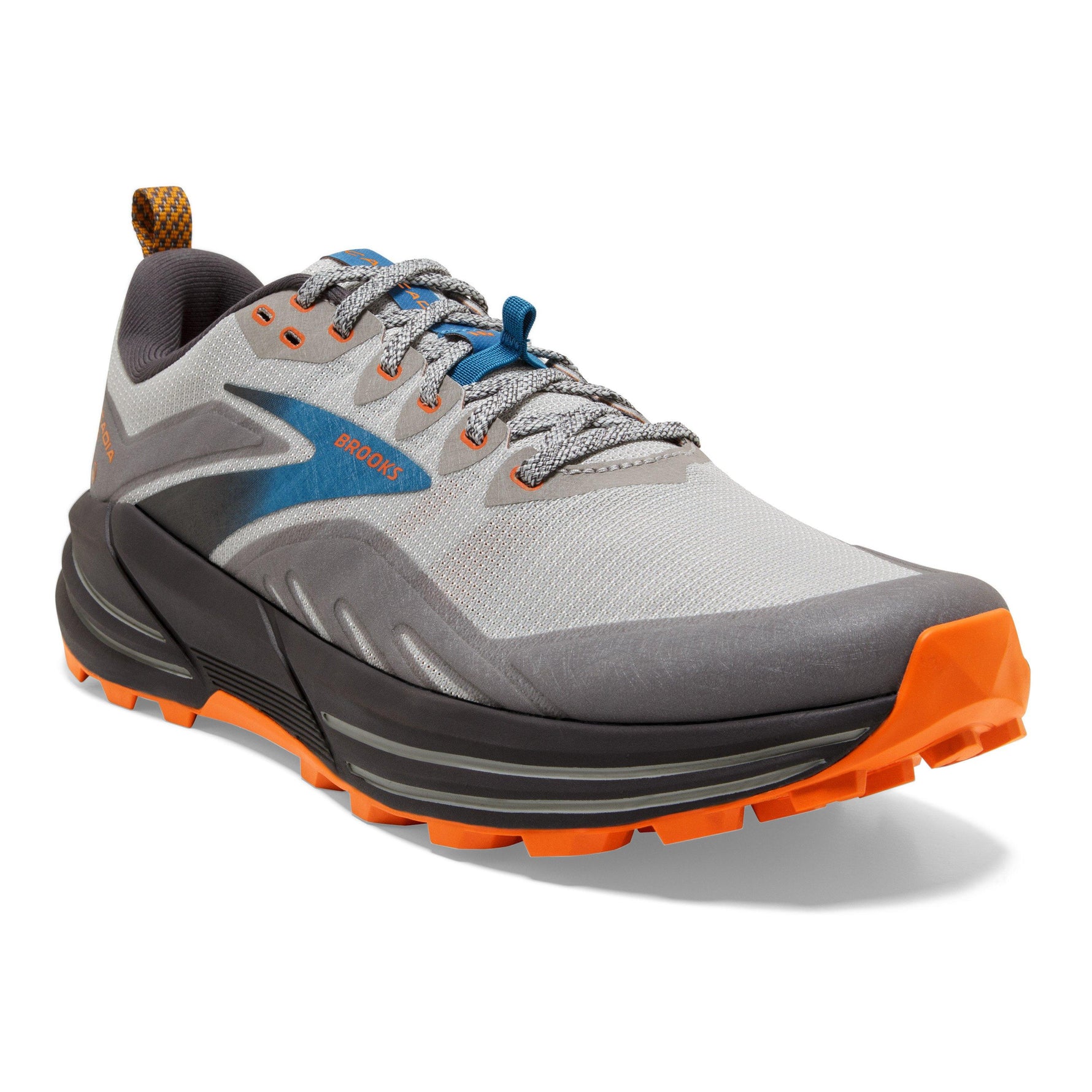 Brooks Cascadia 16 men's trail running shoe in gray and orange colorway